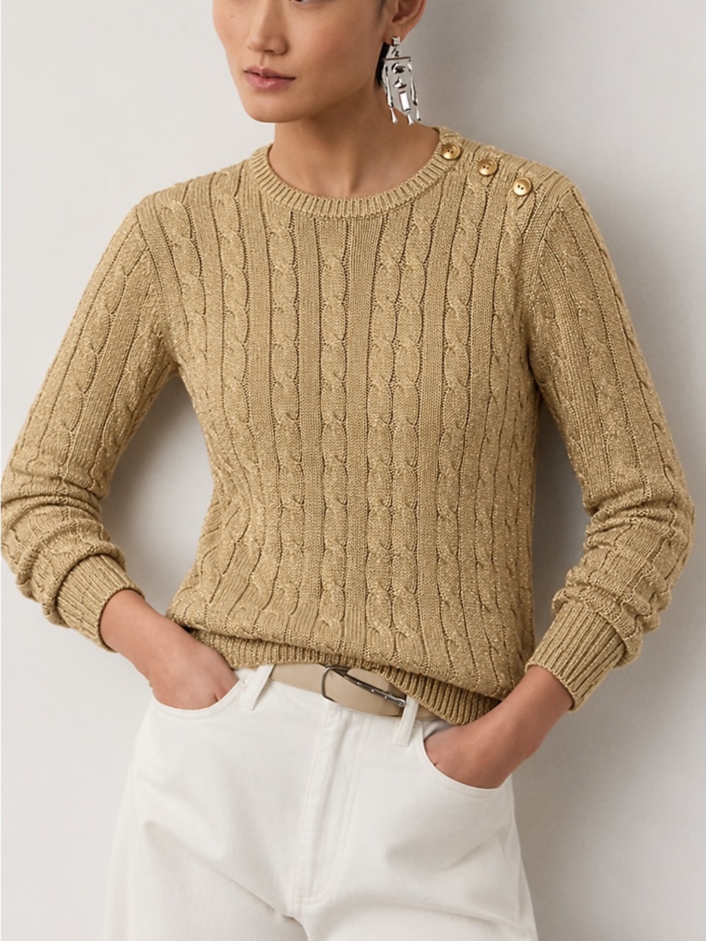 Lauren Ralph Lauren Metallic Cable Knit Sweater In Gold